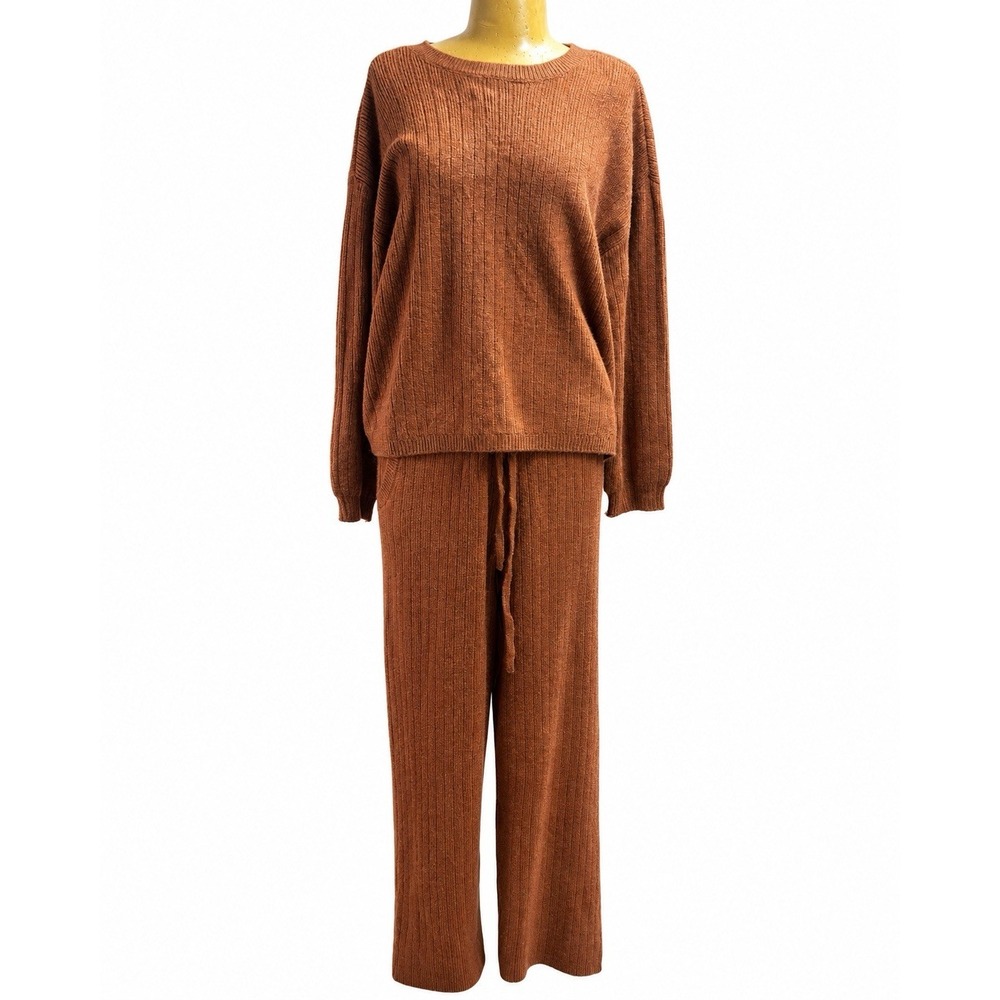 DKNY Cashmere Blend Ribbed Lounge Set Sweater Joggers Toffee Brown Med NWT $259